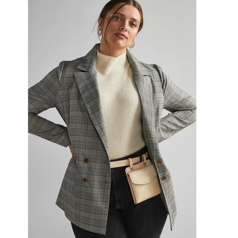 New Anthropologie Hutch Classic Longline Double Breasted Plaid Maize Blazer Sz M